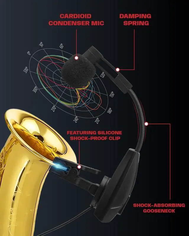 Alt view image 6 of 7 - Saxophone Microphone, UHF Rechargeable Wireless Instruments Microphone System with Transmitter and Receiver 196ft Range, Clip on Condenser Mic for Trumpet, Trombone, Saxofon, Most Brass Instruments