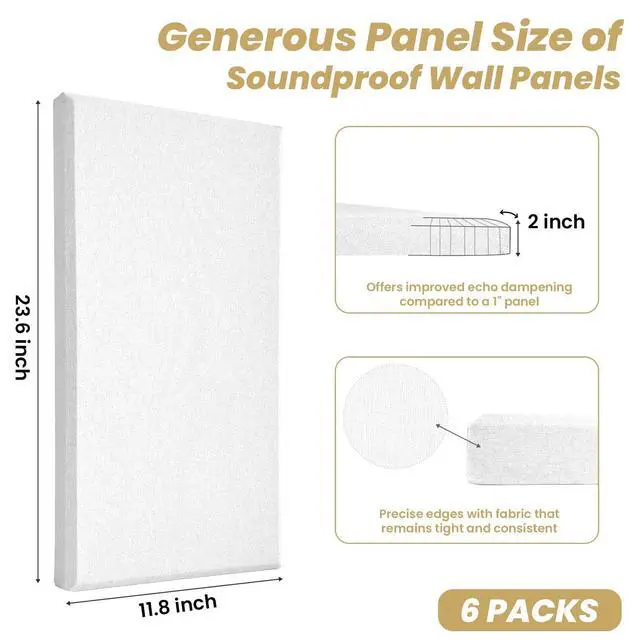 Alt view image 2 of 7 - 6 PCS Acoustic Panels, Large Soundproof Wall Panels, 2" Thick Fiberglass Sound Absorbing Panels, 23.6x11.8 Inches Sound Proof Foam Panels for Walls, Studio Home Offices (White)