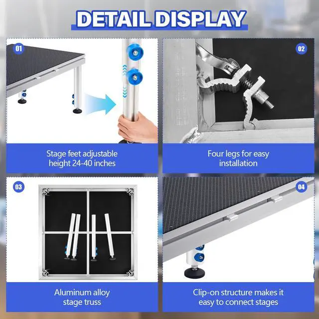 Alt view image 5 of 6 - Portable Stage with Height Adjustable Riser (24" -40") Platform Modular System Stage Easy to Carry Assemble for Performances at School Auditoriums Concerts Restaurants Bars(1 Pcs,4 x 2 ft)