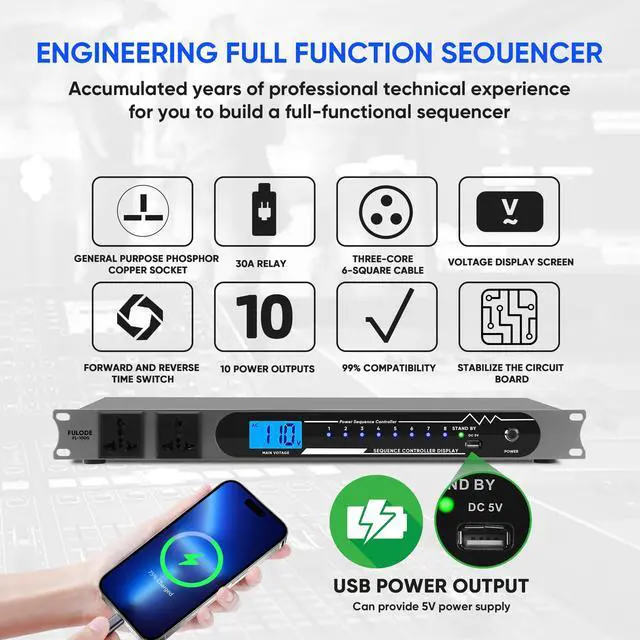 Alt view image 2 of 7 - 2000W 10 Socket Sequential Rack Professional Audio Power Conditioning Digital Voltmeter, USB, Surge Protector for Home Theater Stage/Studio (FL-1000)