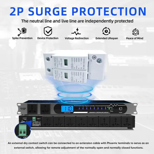 Alt view image 5 of 7 - 2000W 10 Socket Sequential Rack Professional Audio Power Conditioning Digital Voltmeter, USB, Surge Protector for Home Theater Stage/Studio (FL-1000)
