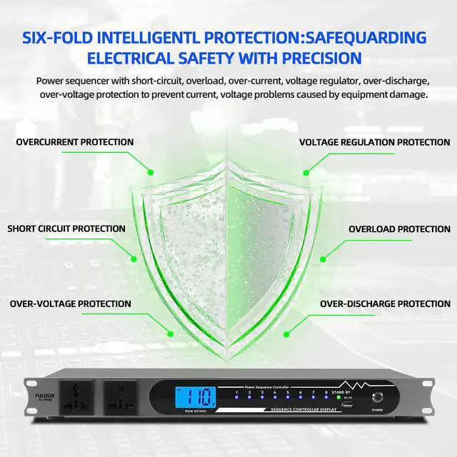 Alt view image 4 of 7 - 2000W 10 Socket Sequential Rack Professional Audio Power Conditioning Digital Voltmeter, USB, Surge Protector for Home Theater Stage/Studio (FL-1000)