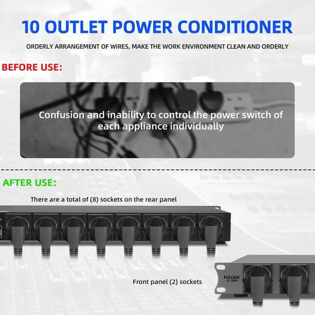 Alt view image 7 of 7 - 2000W 10 Socket Sequential Rack Professional Audio Power Conditioning Digital Voltmeter, USB, Surge Protector for Home Theater Stage/Studio (FL-1000)