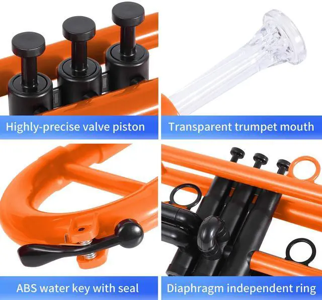 Alt view image 7 of 7 - Professional Plastic Bb Trumpet Student Trumpet Set for Student Beginner With 7C Mouthpiece and 3C Mouthpiece Bb Trumpet Instrument Orange, PM160