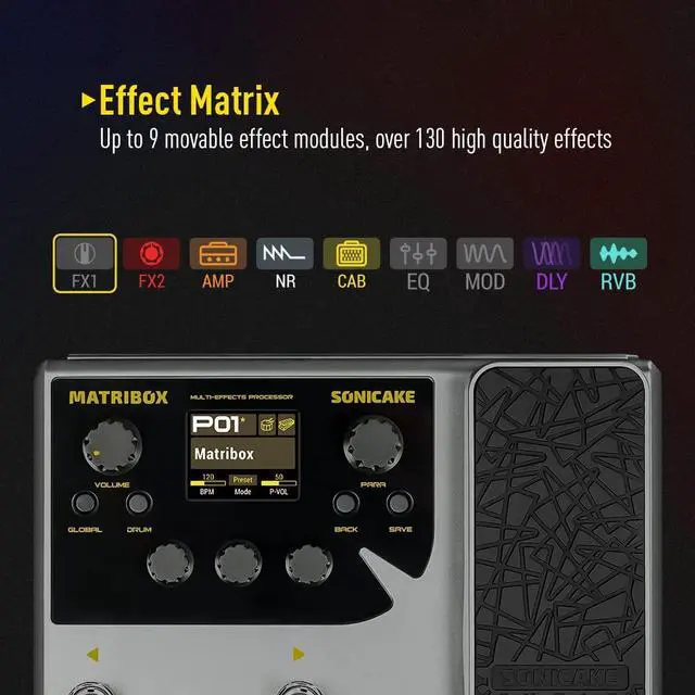 Alt view image 3 of 7 - Matribox - Guitar Multi Effects Processor with Expression Pedal, With 130 Built-in Guitar/Bass/Acoustic Effects, Amp Modeling, IR Cabinets Simulation, Stereo OTG USB Audio Interface QME-50