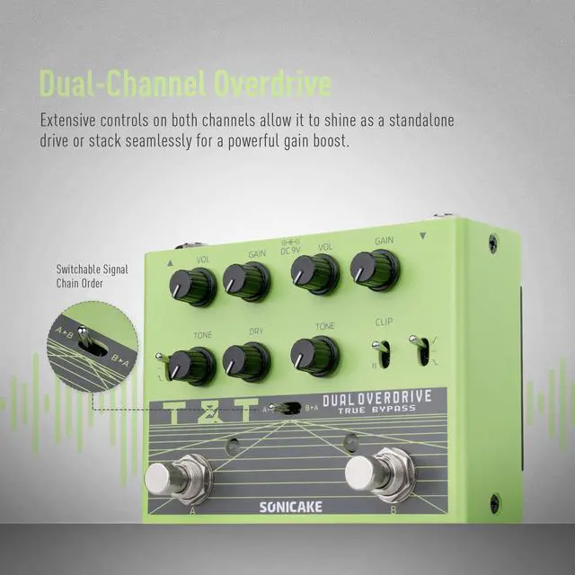 Alt view image 2 of 7 - Overdrive Pedal with 30+ Tone Combinations, Twin TS Effects Guitar Pedal with 3 EQ Modes, 2 Clipping Modes, Flexible Routing, Pure Analog Circuit, True Bypass - T&T QDS-07