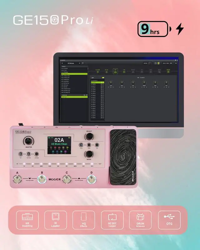 Alt view image 2 of 7 - GE150 Pro Li Pink Battery Powered Guitar Multi Effects, All-in-One Home Practice & Live Rig, Direct Phone Guitar Recording, 80s Looper, 40 Drum Rhythms, NAM/MNRS/IR Support, 4-Footswitches