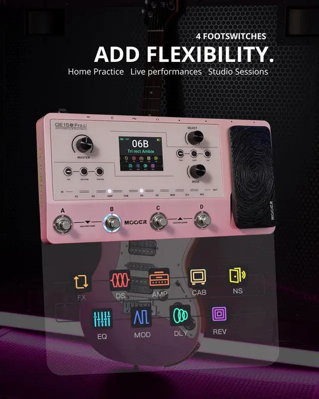 Alt view image 3 of 7 - GE150 Pro Li Pink Battery Powered Guitar Multi Effects, All-in-One Home Practice & Live Rig, Direct Phone Guitar Recording, 80s Looper, 40 Drum Rhythms, NAM/MNRS/IR Support, 4-Footswitches