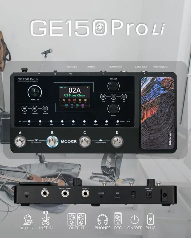 Alt view image 5 of 7 - GE150 Pro Li Black Guitar Amp Modeler & Multi-Effects, 9H Battery Powered, 200 Presets & 170 Effects, NAM & MNRS Support, 55 Amp Models, 26 Cab Sims, 20 IR Slots, OTG Recording, 4-Footswitch