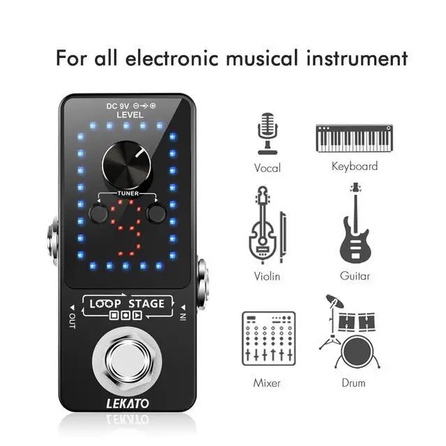 Alt view image 2 of 7 - Looper Guitar Pedal Guitar Loop Pedal Tuner Pedal 9 Loops 40 Minutes Record Time Unlimited Overdubs for Electric Guitar Bass (Black)