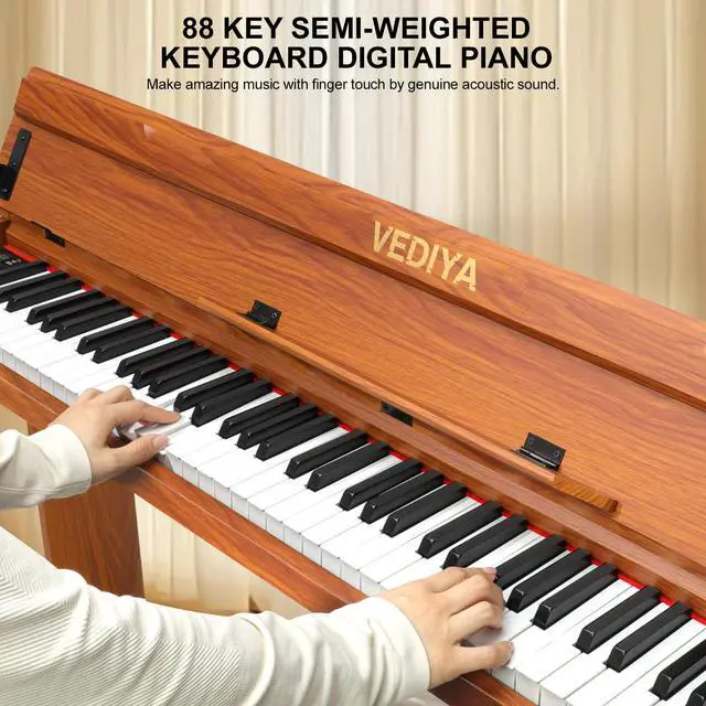 Alt view image 3 of 7 - Digital Piano Keyboard 88 key,Semi-Weighted Electric Piano,Wooden Desk Full Size Upright Electric Piano, Acoustic Piano for Beginners,Triple Pedal,USB-MIDI Compatibility (Brown)
