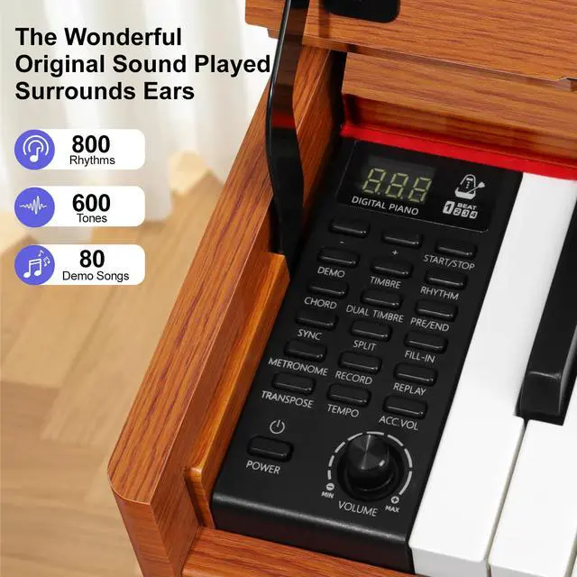 Alt view image 4 of 7 - Digital Piano Keyboard 88 key,Semi-Weighted Electric Piano,Wooden Desk Full Size Upright Electric Piano, Acoustic Piano for Beginners,Triple Pedal,USB-MIDI Compatibility (Brown)