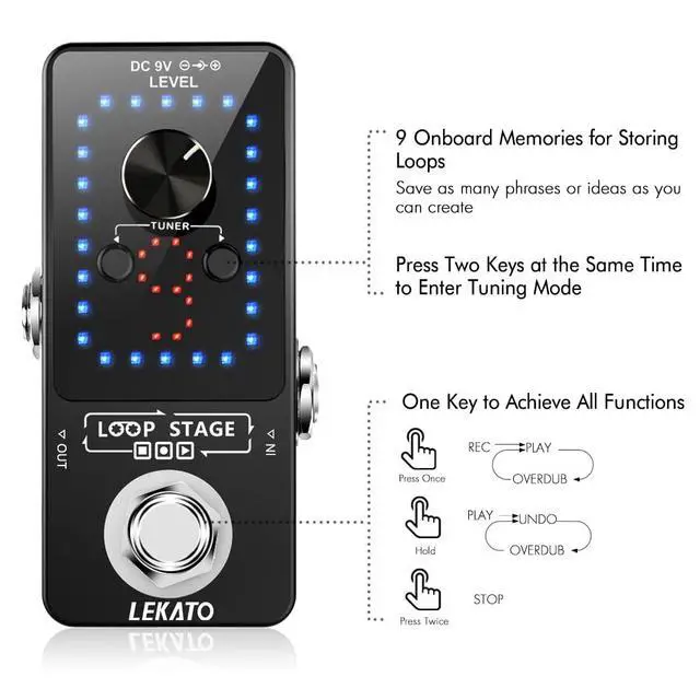 Alt view image 3 of 7 - Looper Guitar Pedal Guitar Loop Pedal Tuner Pedal 9 Loops 40 Minutes Record Time Unlimited Overdubs for Electric Guitar Bass (Black)