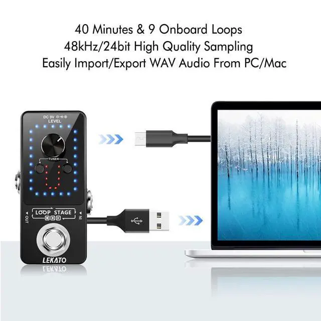 Alt view image 4 of 7 - Looper Guitar Pedal Guitar Loop Pedal Tuner Pedal 9 Loops 40 Minutes Record Time Unlimited Overdubs for Electric Guitar Bass (Black)