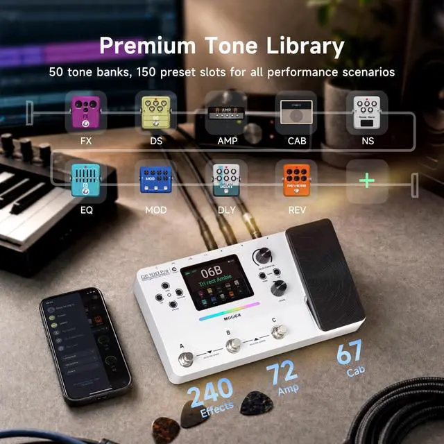 Alt view image 6 of 7 - GE100Pro Guitar Multi-Effects Pedal 3.5 inch screen AI Tone Assistant | 240 Effect Types, 80 Second Stereo Looper, Drum Machine, RGB Lighting, Mobile APP & PC Editing for Stage & Recording