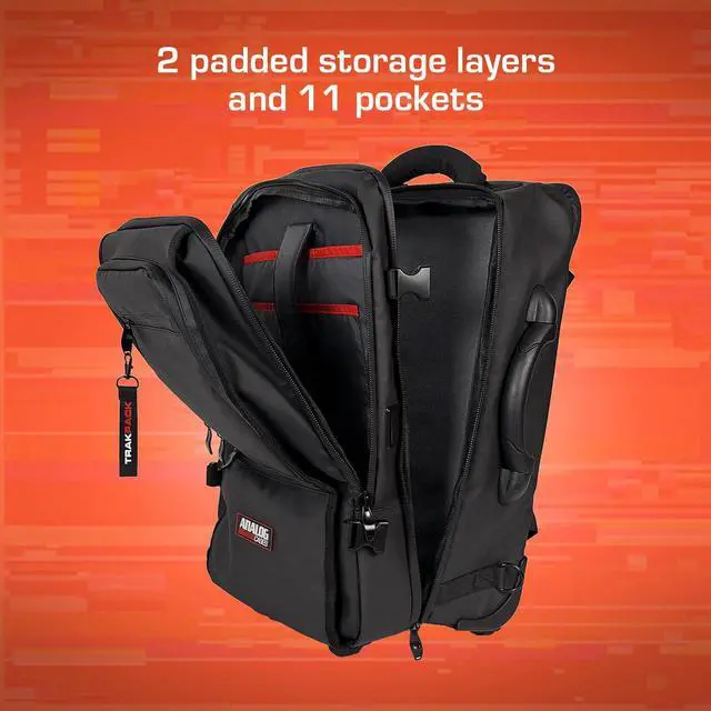 Alt view image 3 of 7 - TRAKPACK ROLL, Carry-On Size DJ Backpack with Wheels | Fits MPC Live 3 / Push 3 / Maschine / DDJ-FLX4 / vinyl, 2 padded layers, 11 pockets, 16" laptop sleeve and USB charging port