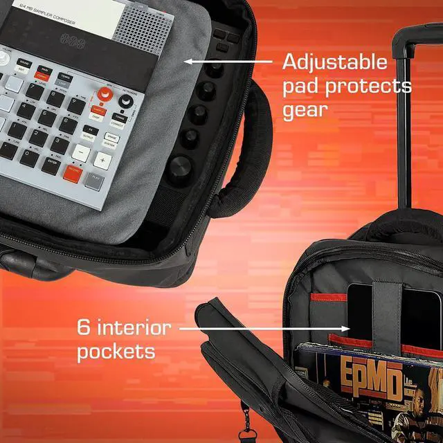 Alt view image 6 of 7 - TRAKPACK ROLL, Carry-On Size DJ Backpack with Wheels | Fits MPC Live 3 / Push 3 / Maschine / DDJ-FLX4 / vinyl, 2 padded layers, 11 pockets, 16" laptop sleeve and USB charging port