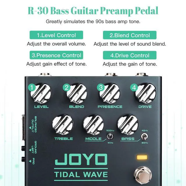 Alt view image 2 of 6 - Bass Preamp & DI Guitar Pedal, Blend Control with MID SHIFT/BASS SHIFT EQ, Drive & Presence, XLR DI Out & Cab Sim, Bypass (TIDAL WAVE R-30)