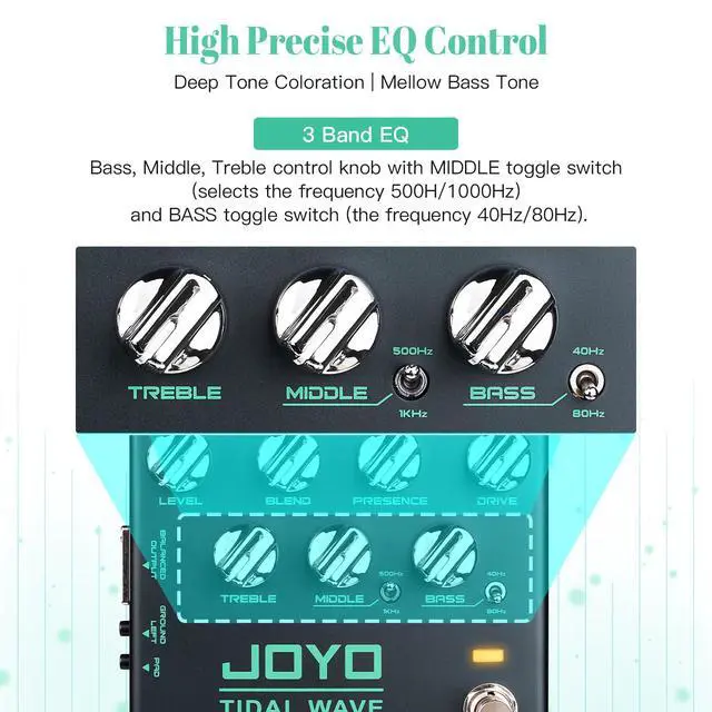 Alt view image 3 of 6 - Bass Preamp & DI Guitar Pedal, Blend Control with MID SHIFT/BASS SHIFT EQ, Drive & Presence, XLR DI Out & Cab Sim, Bypass (TIDAL WAVE R-30)