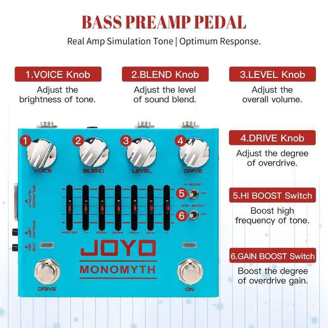 Alt view image 2 of 7 - Bass Preamp & DI Guitar Pedal, 6-Band Graphic EQ with Blend/Voice/Drive Control, Treble & Gain Boost, XLR DI Out & Cab Sim, Bypass (MONOMYTH R-26)