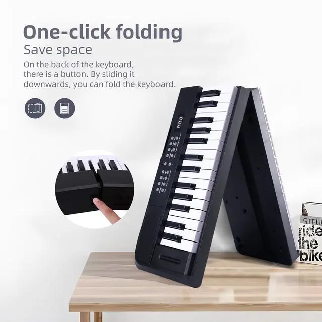Alt view image 2 of 7 - 61 Key Folding Electric Piano Keyboard, Foldable Electronic Keyboard, Wireless 128 Tones, 128 Rhythms Includes Pedal, Gig Bag, Headphones for Beginners, Students, Teenagers, Adults, Black