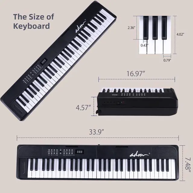 Alt view image 3 of 7 - 61 Key Folding Electric Piano Keyboard, Foldable Electronic Keyboard, Wireless 128 Tones, 128 Rhythms Includes Pedal, Gig Bag, Headphones for Beginners, Students, Teenagers, Adults, Black