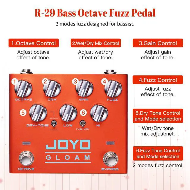 Alt view image 2 of 6 - Bass Sub Octave & Fuzz Guitar Pedal, 7-Knob Control with Dry/Wet Blend, Dual Fuzz Modes & Independent Octave/Channel Footswitches, Bypass (GLOAM R-29)
