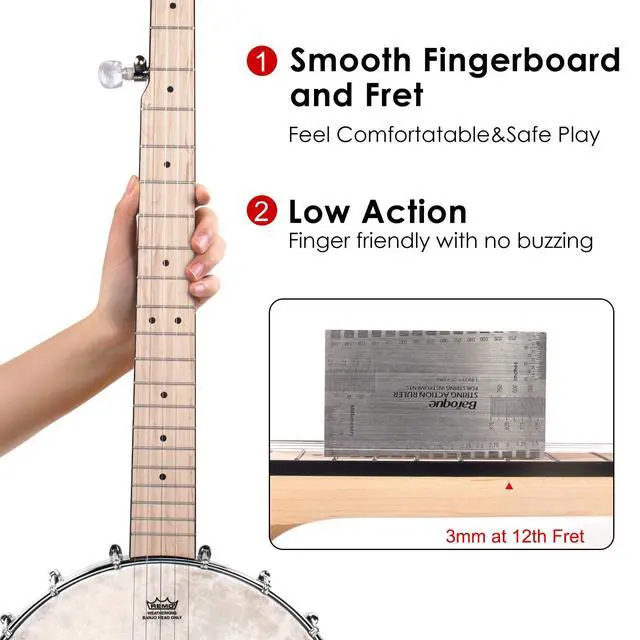 Alt view image 4 of 7 - 5 String Banjos Full Size Open Back Banjo Adjustable Maple Body Remo Head with 2 Tuning Wrench, 4 Picks, Strings, Tuner, Strap Ruler, Cleaning Cloth, Gig Bag for New Beginner Professional