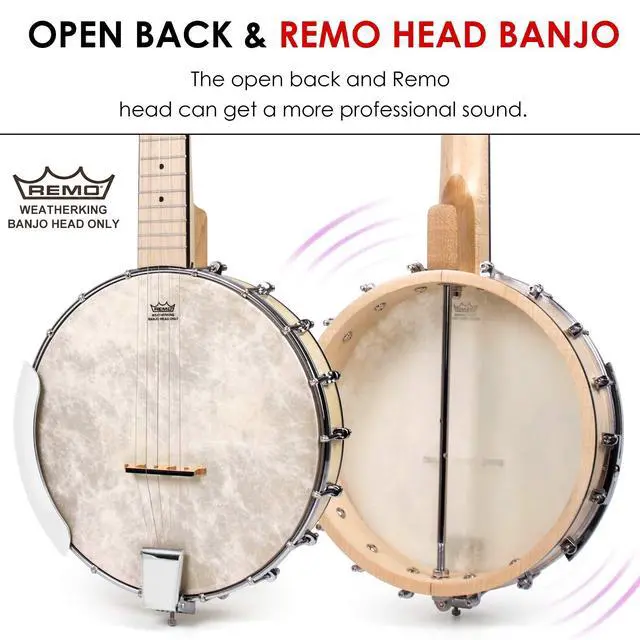 Alt view image 5 of 7 - 5 String Banjos Full Size Open Back Banjo Adjustable Maple Body Remo Head with 2 Tuning Wrench, 4 Picks, Strings, Tuner, Strap Ruler, Cleaning Cloth, Gig Bag for New Beginner Professional