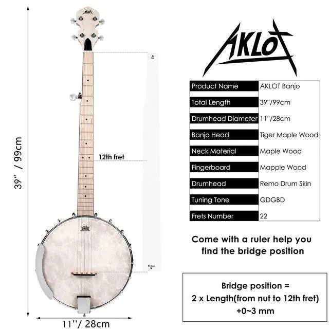 Alt view image 3 of 7 - 5 String Banjos Full Size Open Back Banjo Adjustable Maple Body Remo Head with 2 Tuning Wrench, 4 Picks, Strings, Tuner, Strap Ruler, Cleaning Cloth, Gig Bag for New Beginner Professional