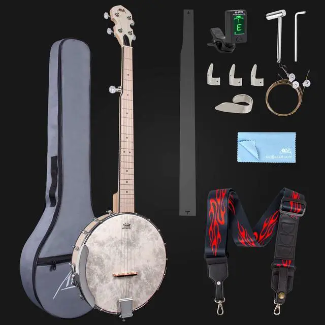 Alt view image 7 of 7 - 5 String Banjos Full Size Open Back Banjo Adjustable Maple Body Remo Head with 2 Tuning Wrench, 4 Picks, Strings, Tuner, Strap Ruler, Cleaning Cloth, Gig Bag for New Beginner Professional