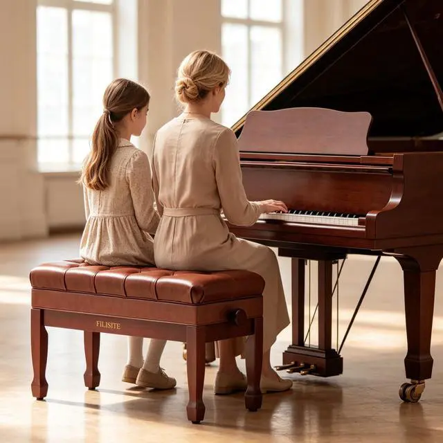 Alt view image 2 of 7 - Genuine Leather Duet Piano Bench with Storage,Adjustable Heavy Duty Wooden Double Keyboard Seat XHJ-11G(Brown)