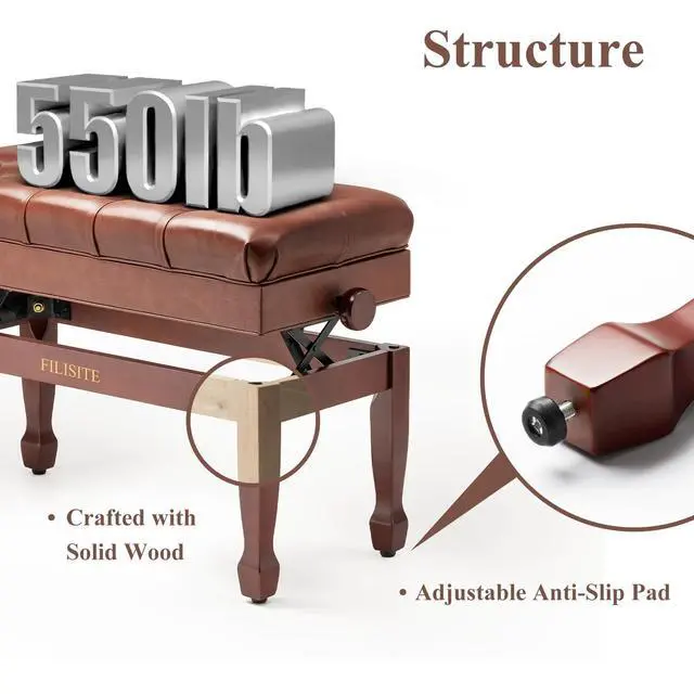 Alt view image 6 of 7 - Genuine Leather Duet Piano Bench with Storage,Adjustable Heavy Duty Wooden Double Keyboard Seat XHJ-11G(Brown)