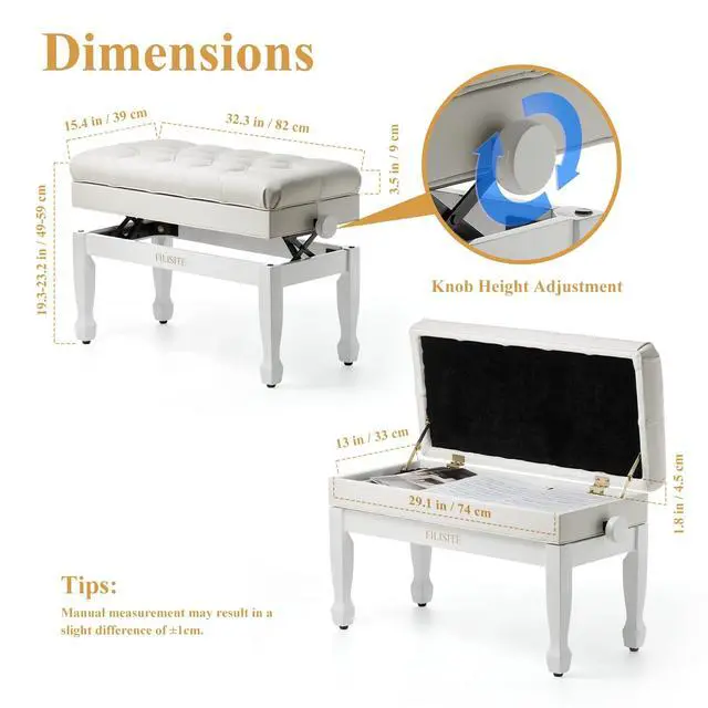 Alt view image 3 of 7 - Genuine Leather Duet Piano Bench with Storage,Adjustable Heavy Duty Wooden Double Keyboard Seat XHJ-11G(White)