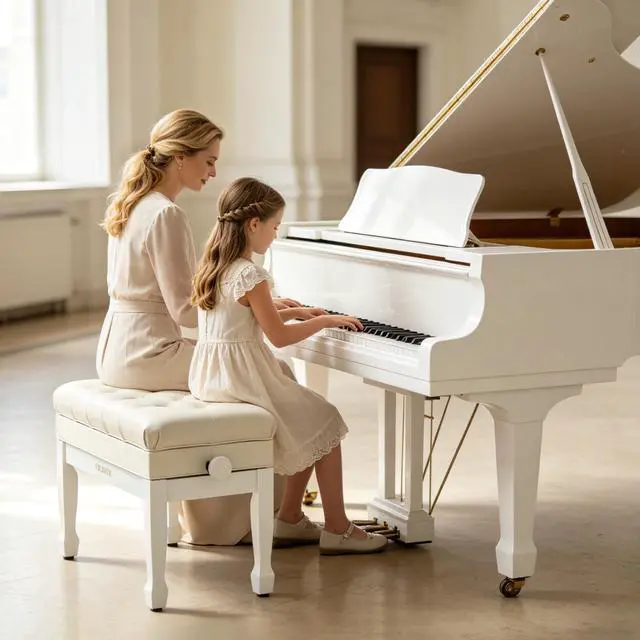 Alt view image 2 of 7 - Genuine Leather Duet Piano Bench with Storage,Adjustable Heavy Duty Wooden Double Keyboard Seat XHJ-11G(White)