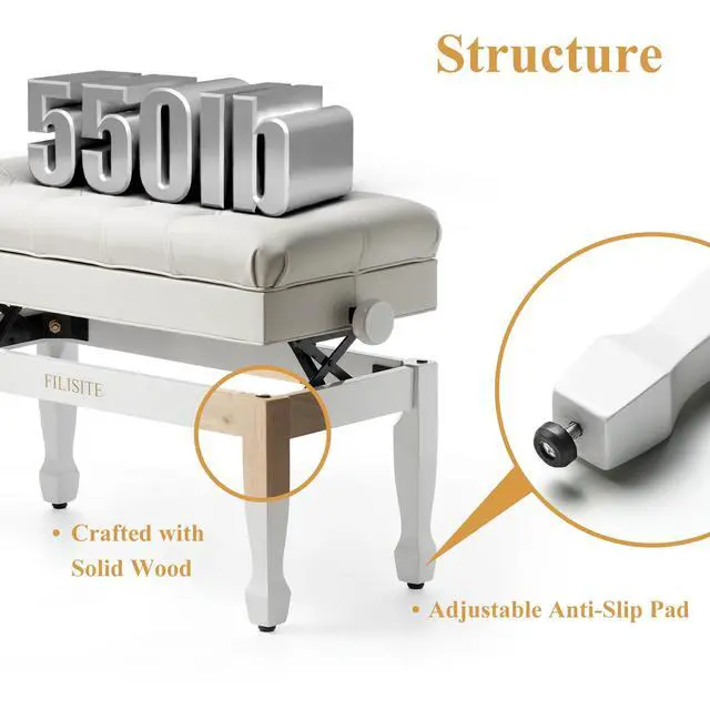 Alt view image 6 of 7 - Genuine Leather Duet Piano Bench with Storage,Adjustable Heavy Duty Wooden Double Keyboard Seat XHJ-11G(White)