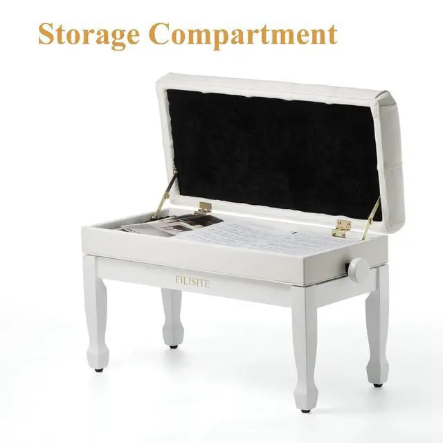 Alt view image 7 of 7 - Genuine Leather Duet Piano Bench with Storage,Adjustable Heavy Duty Wooden Double Keyboard Seat XHJ-11G(White)