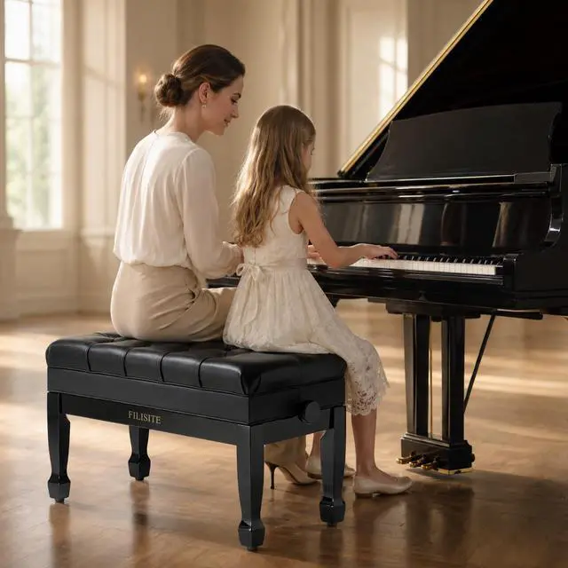 Alt view image 2 of 7 - Genuine Leather Duet Piano Bench with Storage,Adjustable Heavy Duty Wooden Double Keyboard Seat XHJ-11G(Black)