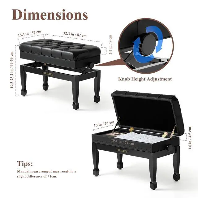 Alt view image 3 of 7 - Genuine Leather Duet Piano Bench with Storage,Adjustable Heavy Duty Wooden Double Keyboard Seat XHJ-11G(Black)
