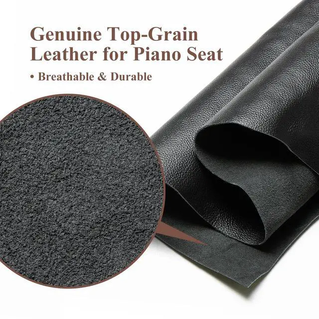 Alt view image 4 of 7 - Genuine Leather Adjustable Piano Bench with Storage Compartment, Heavy Duty Solid Wooden Keyboard Stool with Padded Cushion Seat (Black)
