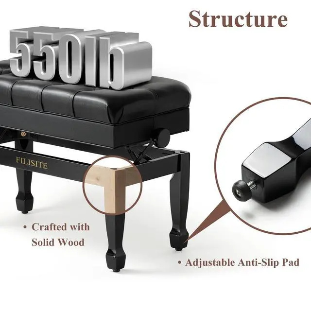 Alt view image 6 of 7 - Genuine Leather Duet Piano Bench with Storage,Adjustable Heavy Duty Wooden Double Keyboard Seat XHJ-11G(Black)