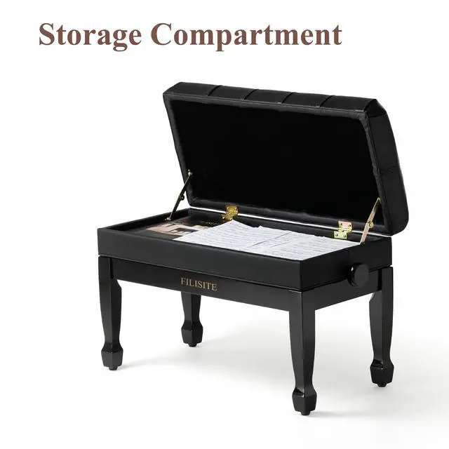 Alt view image 7 of 7 - Genuine Leather Duet Piano Bench with Storage,Adjustable Heavy Duty Wooden Double Keyboard Seat XHJ-11G(Black)