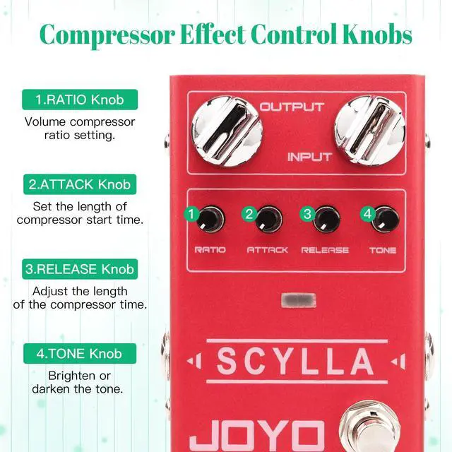 Alt view image 3 of 6 - Bass Compressor Guitar Pedal, Optical Circuit with Attack/Release/Ratio/Tone Control & Bypass (SCYLLA R-27)