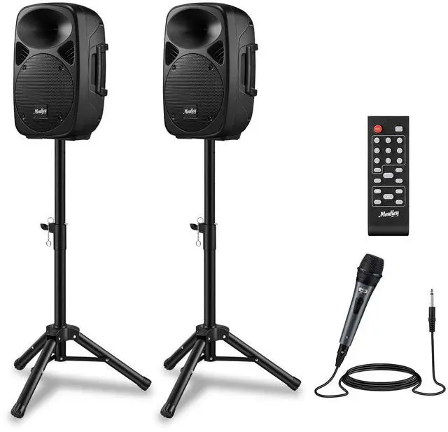 Main image of MPA80 PA System, 8 Inch Active & Passive Powered Rechargeable PA Speakers, 600W Peak Power, with 2 Tripod Stands, Wired Microphone, Remote Control, Support BT/USB/TF/FM/AUX
