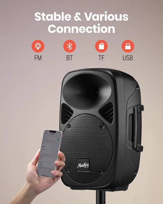 Alt view image 4 of 7 - MPA80 PA System, 8 Inch Active & Passive Powered Rechargeable PA Speakers, 600W Peak Power, with 2 Tripod Stands, Wired Microphone, Remote Control, Support BT/USB/TF/FM/AUX