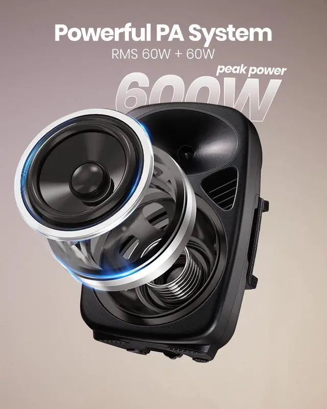 Alt view image 2 of 7 - MPA80 PA System, 8 Inch Active & Passive Powered Rechargeable PA Speakers, 600W Peak Power, with 2 Tripod Stands, Wired Microphone, Remote Control, Support BT/USB/TF/FM/AUX