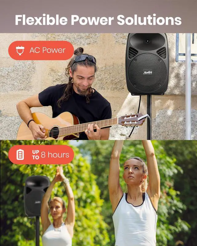 Alt view image 5 of 7 - MPA80 PA System, 8 Inch Active & Passive Powered Rechargeable PA Speakers, 600W Peak Power, with 2 Tripod Stands, Wired Microphone, Remote Control, Support BT/USB/TF/FM/AUX