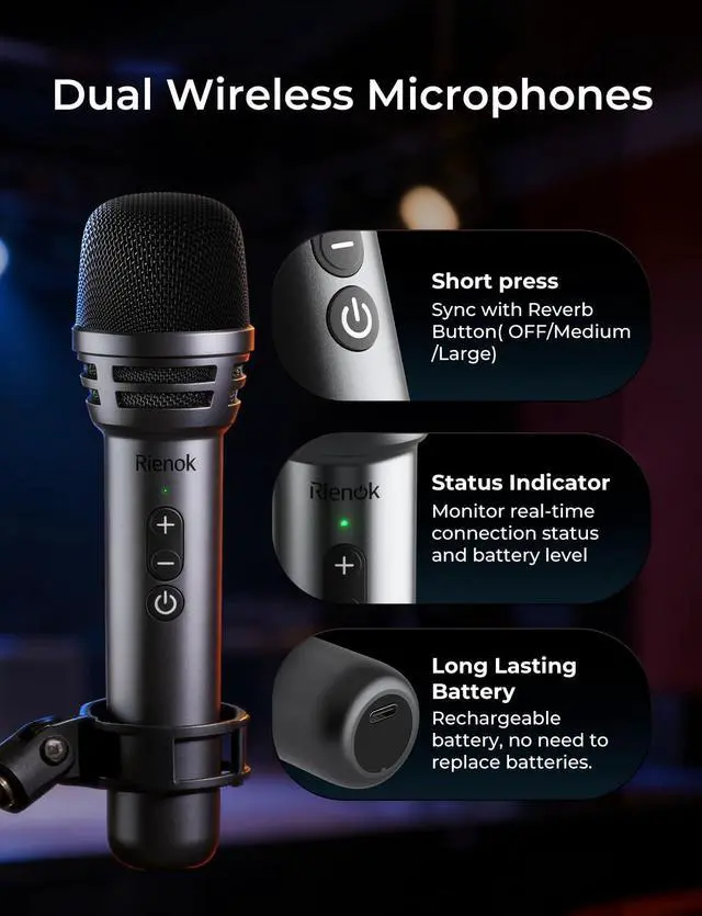 Alt view image 3 of 7 - 100W Portable Voice Amplifier with 2 Wireless Microphones S17 | Bluetooth 5.3 Big Pro Sound, Bluetooth PA System Karaoke Machine, BT/USB/TF Card/Aux/Guitar Support, Portable Speaker