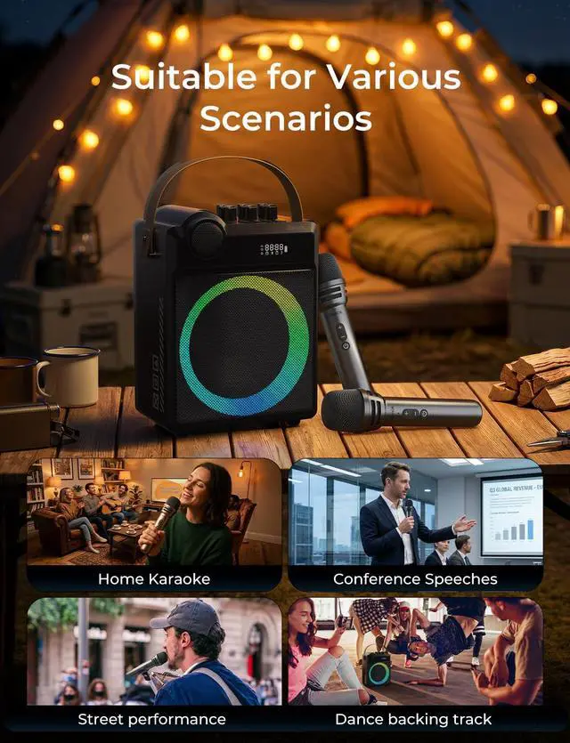 Alt view image 6 of 7 - 100W Portable Voice Amplifier with 2 Wireless Microphones S17 | Bluetooth 5.3 Big Pro Sound, Bluetooth PA System Karaoke Machine, BT/USB/TF Card/Aux/Guitar Support, Portable Speaker