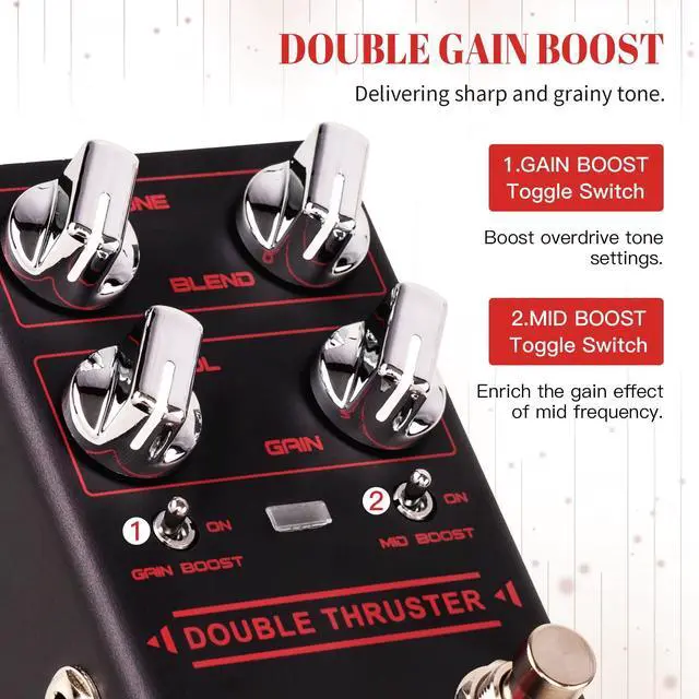 Alt view image 3 of 6 - Bass Overdrive Guitar Pedal, Blend Control with Mid & Gain Boost Switches, Tone/Volume/Gain Knobs, Bypass (DOUBLE THRUSTER R-28)
